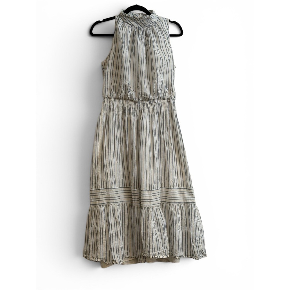 Just Taylor Petite Small Blue White Striped Midi Dress Smocked Waist 100 Cotton